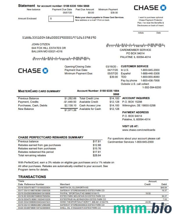 Szablon wyciągu z konta USA Chase w programie Word i PDF